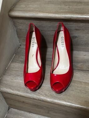 GUESS Red Patent Peep-Toe Heels